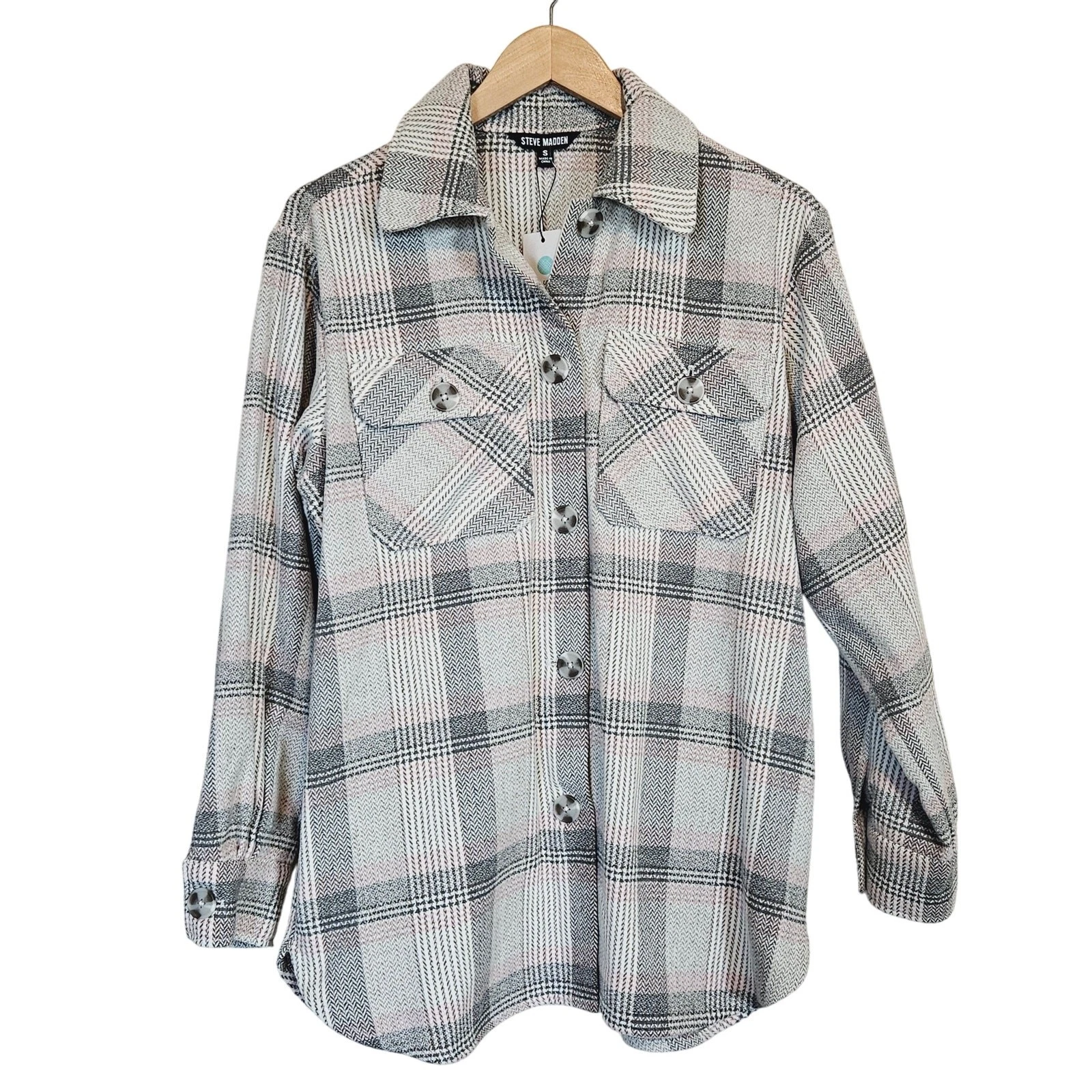 Steve Madden High Noon Shacket Light Gray Plaid Women's Small