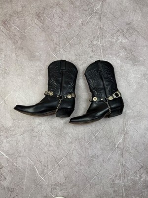 Vintage Sancho Black Leather Cowboy Western Boots Harness Chain Made Spain sz 43