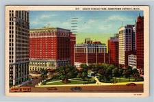 Detroit MI-Michigan, Grand Circus Park Period Cars Monument Linen c1955 Postcard