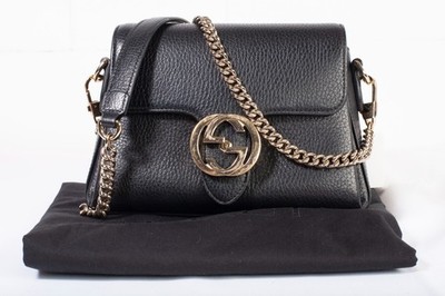 Authentic Black Gucci Dollar Calfskin Small Interlocking G Shoulder Bag