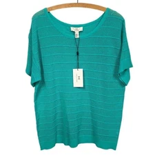 H by Halston Turquoise Pullover Knit Short Sleeve Boat Neck Sweater, Size M, NEW