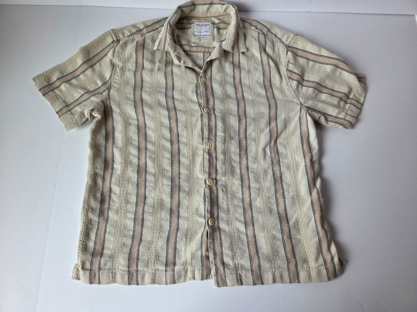 Denim & Flower Ricky Singh Shirt Mens Large Beige Stripe Short Sleeve Button Up