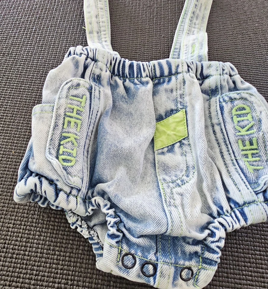 Hopscotch Baby Denim Suspender Romper Acid Wash Blue Green Patch 0–6 Months - Image 4 of 4