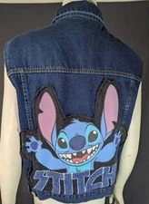 Denim Vest Womens L Disney Stitch Handmade Upcycled Button Front Pockets