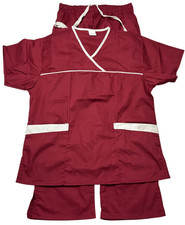 Scrub Set Womens L Burgundy Fashion Crossover Top Bootcut Pants Medical NWOT