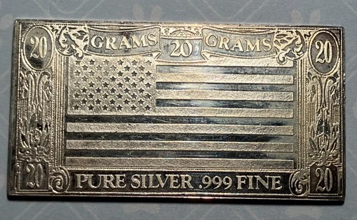 PURE SILVER .999 FINE American Flag 20 Grams BAR 'The Silver Mint' USA Flag