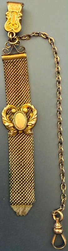 Watch fob: Gold, antique, metal mesh, 4"x7/16", SOB Co. (really) (Lot #234)