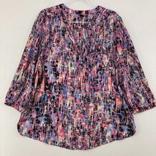 NYDJ Blouse size XL Multi Color Abstract Henley Popover Top Office Career Preppy
