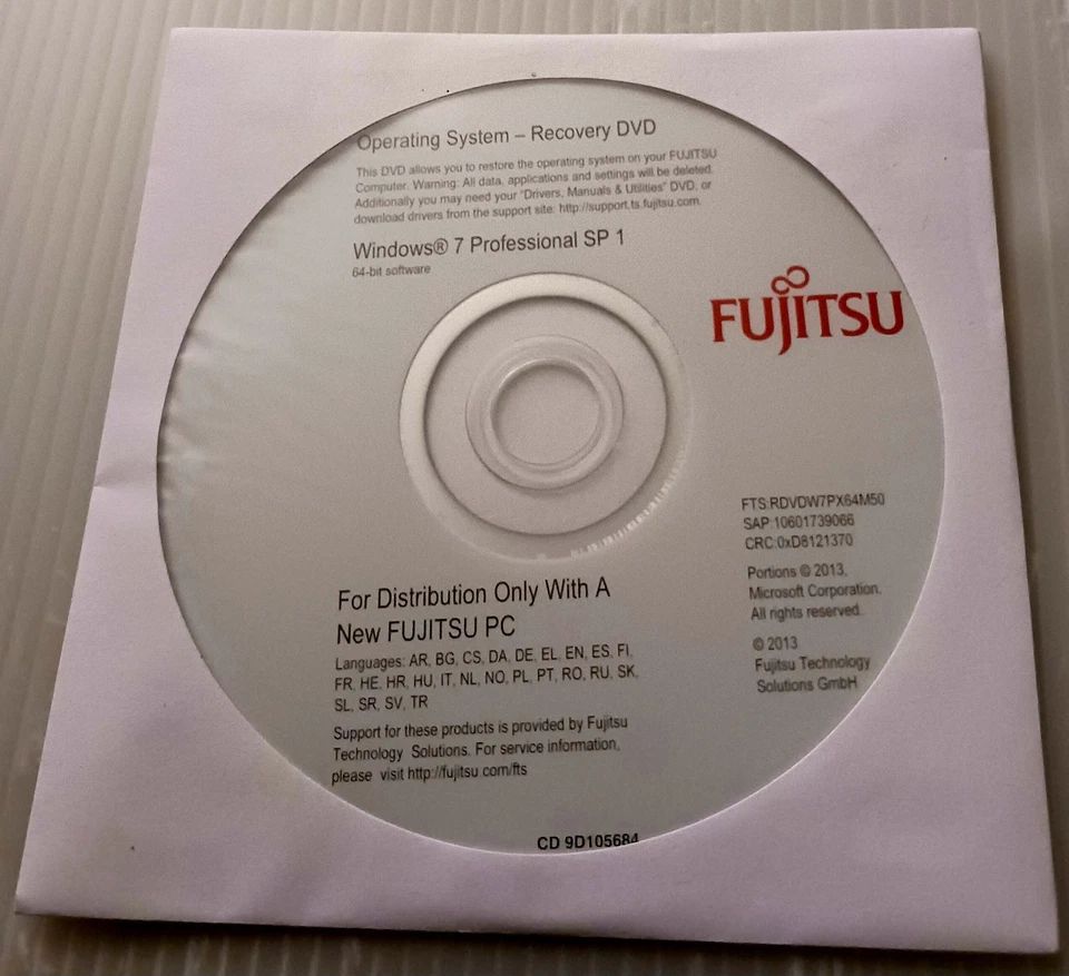 Fujitsu Windows 7 Pro 64-bit SP1 Operating System Recovery DVD (PN:CD9D105684) - Image 1 of 1
