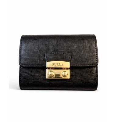Furla Babylon Black Leather Accordion Card Case Wallet Expandable Gold Clasp