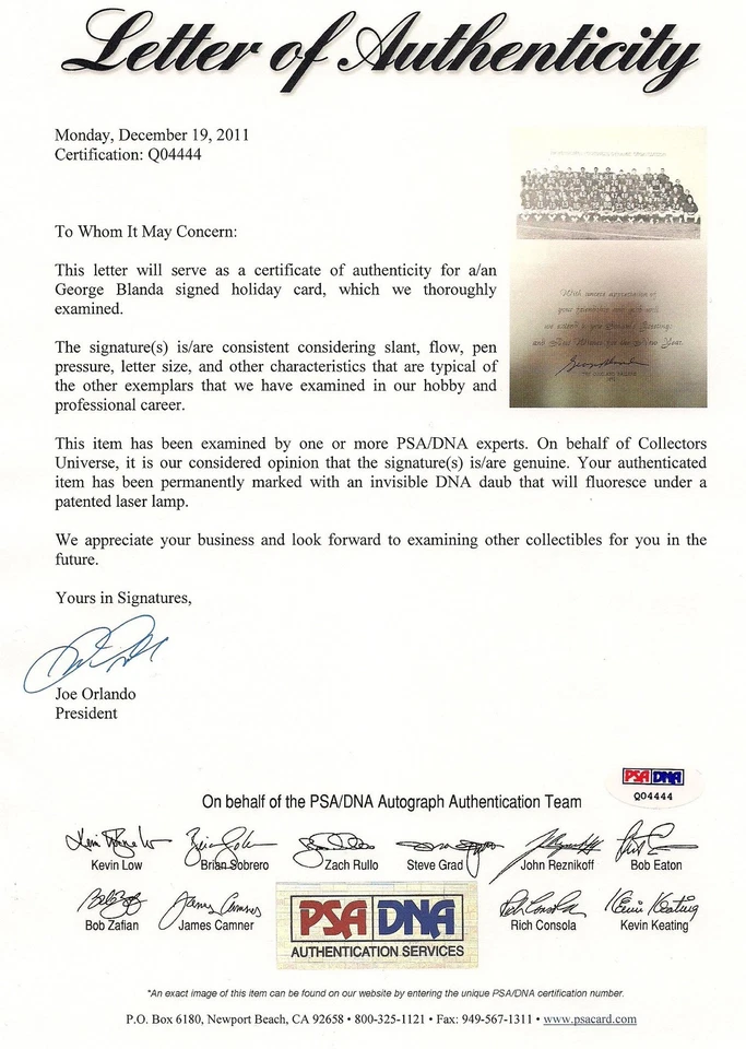 George Blanda Signed 1970 Official Raiders Team Christmas Card PSA/DNA LOA Auto - Image 3 of 4