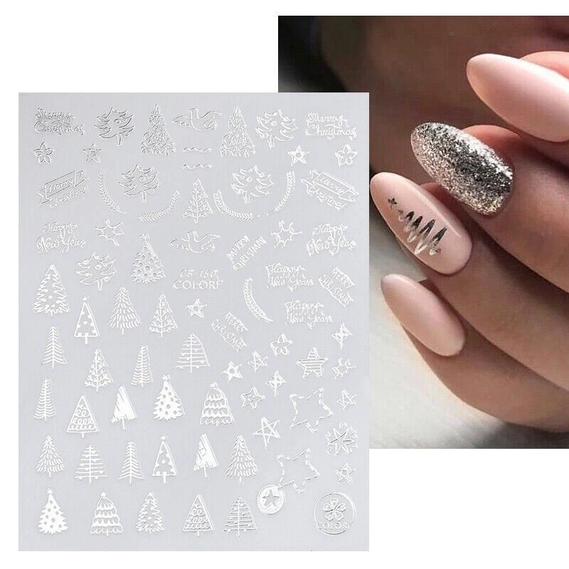 Nail Art Stickers Decals Christmas Tree Silver Snowflakes Stars Fern (CB150S)