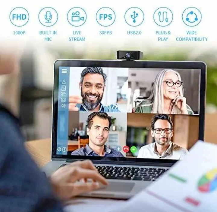 HD Webcam 1080P Camera with Microphone for Desktop Computer PC Black - Image 3 of 4