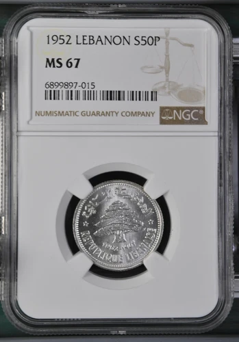 LEBANON SILVER 1952 50 Piastres 1 Year Type NGC MS67 GEM BU KM# 17