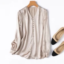 100% Silk Champange Women V Neck Long Sleeve Shirt Pullover Top Blouse M1252