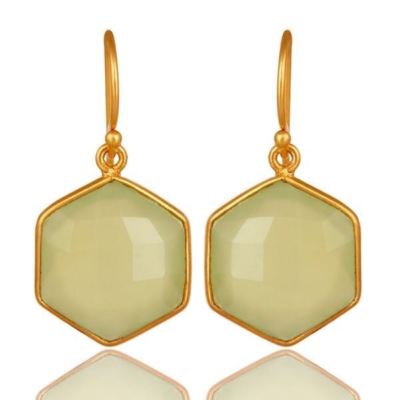 Prehnit Chalzedon Edelstein 18K vergoldet 925 Silber Haken Ohrringe Schmuck