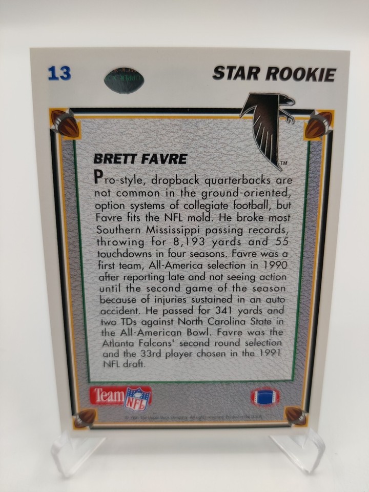 1991 Upper Deck Star Raw Base Rookie Brett Favre Football Card #13 SY77