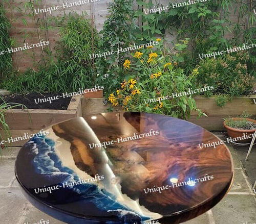 Ocean Epoxy Round Table, Walnut live edge wood |Epoxy River Table Patio Decor - Picture 2 of 3