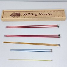 Lot of Knitting Needles with Wooden Case Holder Aluminum Sizes 10, 5, 3