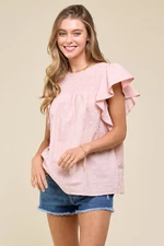 Doe & Rae Women's Top 100% Cotton Smocked Bodice Flutter Sleeve Loose Fit Size-L