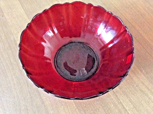 Vintage RUBY RED ARCOROC Glass Bowl 8" w/ Scalloped Edge, Made in France (J15)