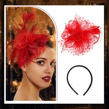 Women's Red Feather Headdress with Hair Clip Derby Mesh Headband for Tea Party