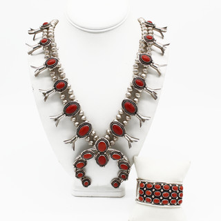 Signed Southwest Sterling Red Coral Squash Blossom Necklace & Cuff Set SW 337