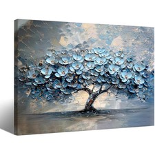 EEYNAQQ Blue Floral Tree Wall Art, 3D Textured Tree of Life Canvas Painting, Abs