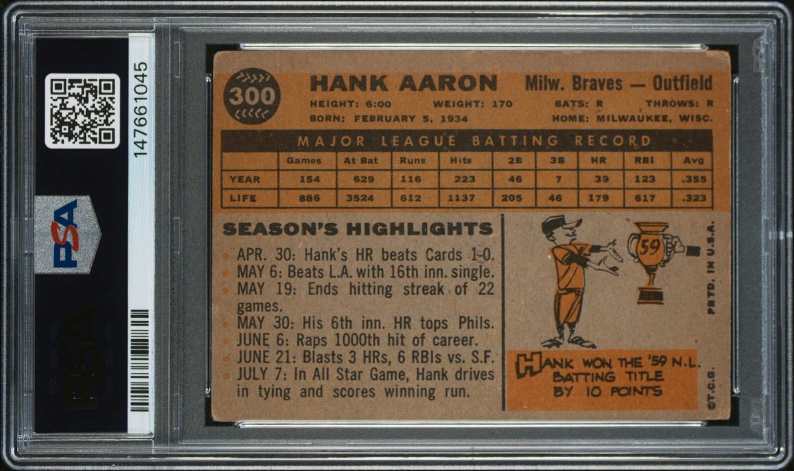 1960 TOPPS Hank Aaron #300 PSA 1.5 Braves HOF view 4