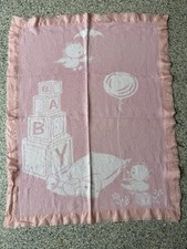 Vintage Double Sided Baby Ducks Blocks Blanket Pink White Satin Trim 70s 80s
