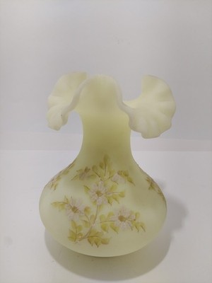 Vintage Uranium Fenton Custard Satin Glass Vase With Hand Painted