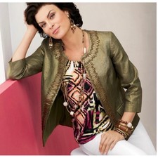 Chicos Beaded Green Metallic Linen Jacket Blazer M 2 Statement Artsy Party Fall