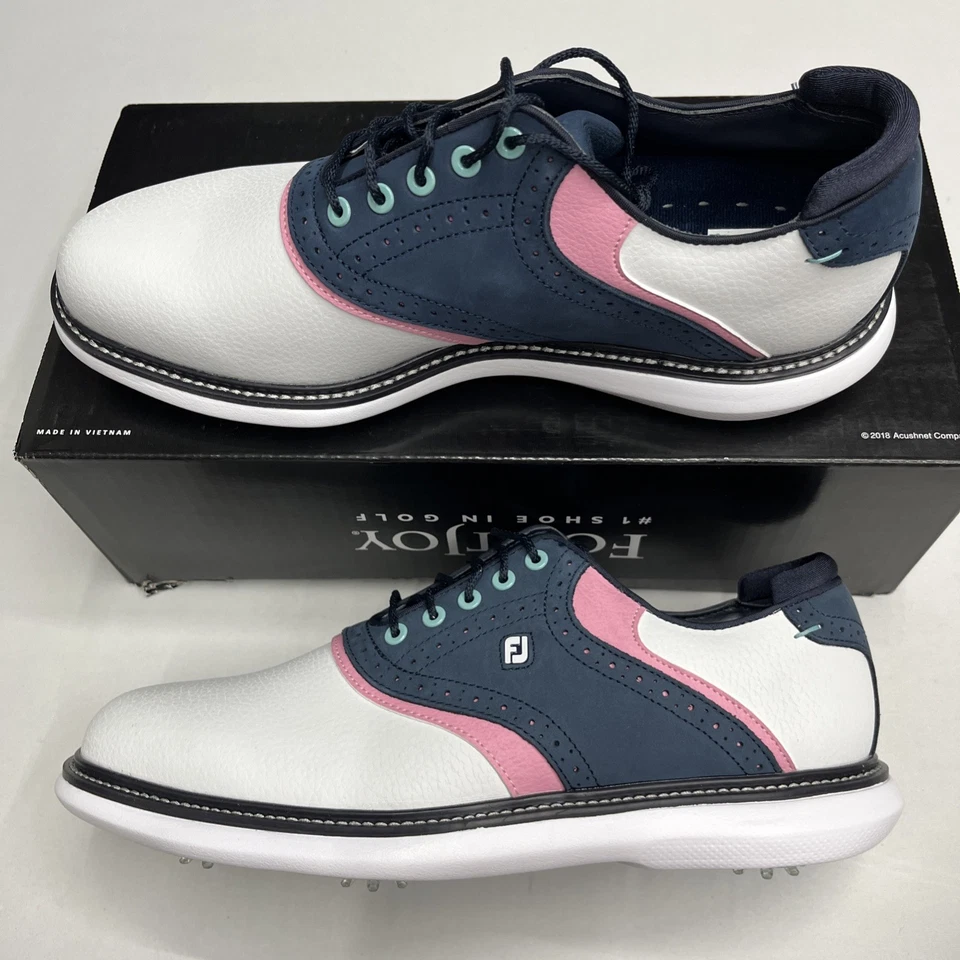 FootJoy Mens Size 10M Traditions Golf White/Blue/Pink Leather #57959 Golf Shoes - Image 3 of 4