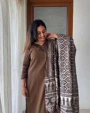 Women's Brown Cotton Printed Kurta Pant Dupatta Set Indian Ethnic Suit Casual We