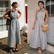 NEW Reformation Tace Halter Blue White Gingham Linen Midi Dress Slat Navy 12