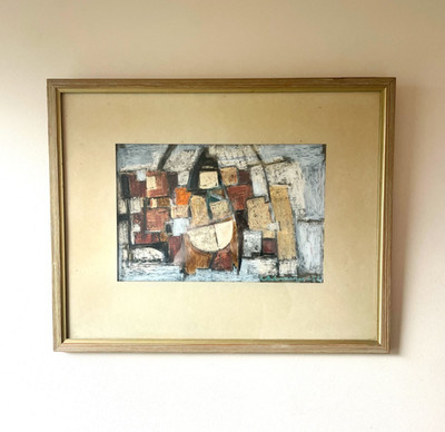 Vintage abstract mid-century oil pastel signed and dated 1952, neutral wall art