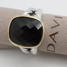 David Yurman Sterling Silver 18K Yellow Gold Black Onyx Cable Ring 7.25