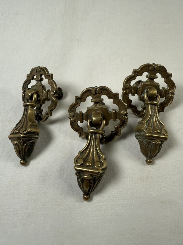 Vintage Dangling Escutcheon Door Pulls Set of 3 drawer cabinet brass heavy solid