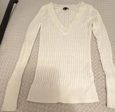 Express White Ribbed V-Neck Pullover Sweater Long Sleeve Size S