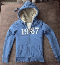 2000s Y2K Aeropostale Blue lined Faux Fur Hood Zip Up Hoodie Sweatshirt Small