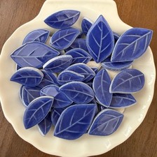 Blue Ceramic Leaves - Ficus - Mixed Sizes Ceramic Mosaic Tile Pieces - 7oz