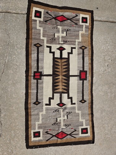 Antique Navajo Rug Storm with Whirling Log 33" x 66" Handspun Wool