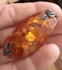 Vintage Handmade Baltic Amber Brooch In Sterling Silver 925