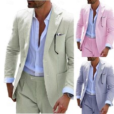 Men Suits Striped Seersucker Slim Summer Wear Beach Jackets Formal Tuxedos Groom