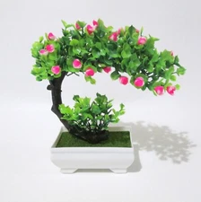 Kitschy Plastic Bonsai Tree With Pink Flowers 7" Tall White Base Cute Decor