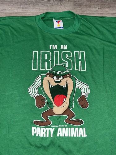 VTG 1990 Taz Looney Tunes Irish Party Animal Green Single Stitch Shirt Large - Picture 2 of 7