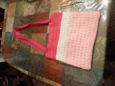 HANDMADE CROCHET PINK AND WHITE PURSE WITH INSIDE POCKETS AND DOUBLE STRAP