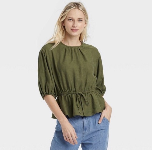 Who What Wear Popover Linen Blend Peplum Drawstring Waist Shirt Cypress Green S
