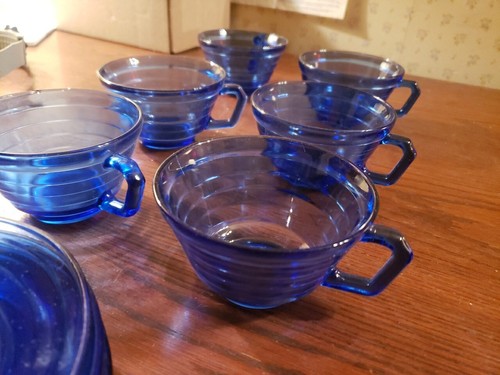 (6) Cobalt Blue Depression Ware Glass Cup & Saucer Sets - Picture 3 of 5