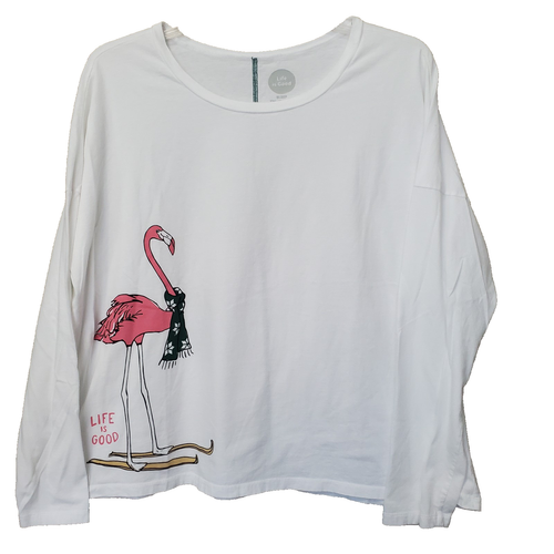 Life is Good Sleep Women's Flamingo on Skis Cotton Night Shirt Size XXL